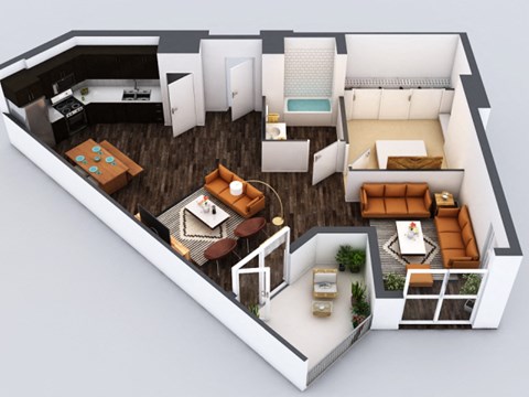 Floor plan for 1 bed, 1 bath, 652 sqft